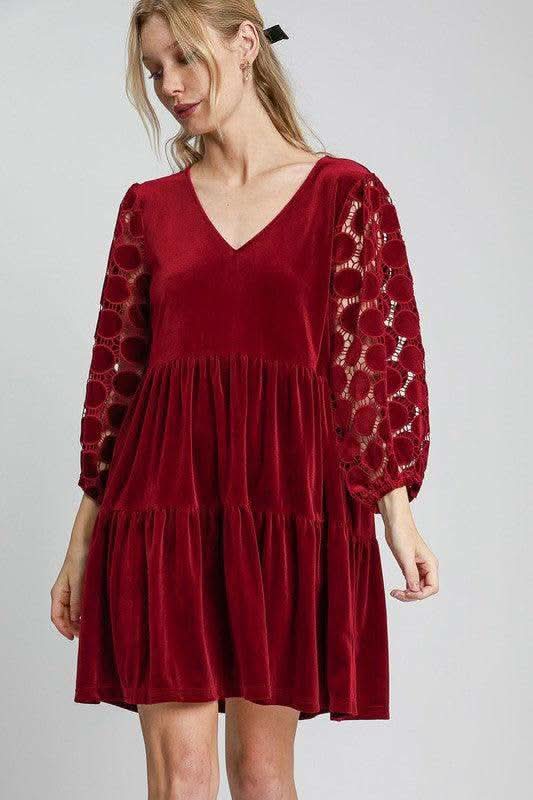 Umgee Dotted Lace Sleeve Tiered Velvet Mini Dress - SwagglyLife Home & Fashion